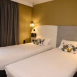 Chambre Twin Confort de l’Hôtel Villa Berlioz à Lyon, avec deux lits simples, coussins décoratifs et éclairage chaleureux.