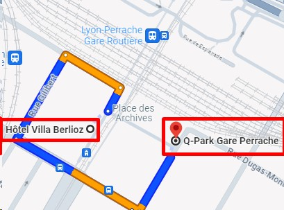 Walking route from Lyon Perrache station and Q-Park to Villa Berlioz Hotel Lyon