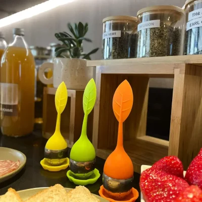 Selection of teas, herbal infusions and fruit juices at the breakfast buffet at Hôtel Villa Berlioz Lyon