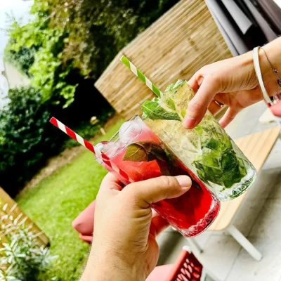 Deux cocktails colorés trinqués sur la terrasse du jardin de l’Hôtel Villa Berlioz Lyon