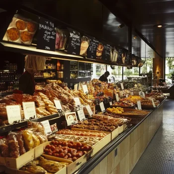 Etals gourmands des Halles Paul Bocuse a Lyon avec produits frais et specialites locales