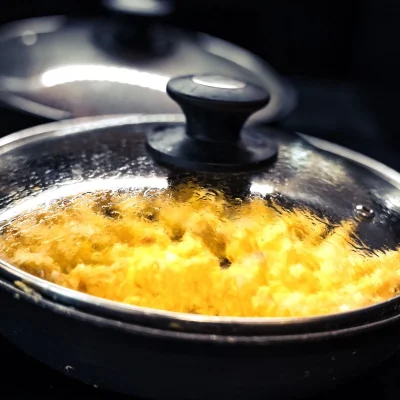 Hot scrambled eggs served at the breakfast buffet at Hôtel Villa Berlioz Lyon